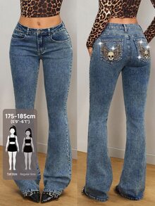 SHEIN Tall 高個子復古街頭風 Y2K Grunge 低腰哥德式刺繡骷髏性感修身喇叭牛仔褲 萬聖節外出夜店穿搭 藍色夏季 - 深色水洗藍 - 查看 7