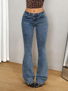SHEIN Tall 高個子復古街頭風 Y2K Grunge 低腰哥德式刺繡骷髏性感修身喇叭牛仔褲 萬聖節外出夜店穿搭 藍色夏季 - 深色水洗藍 - 查看 2