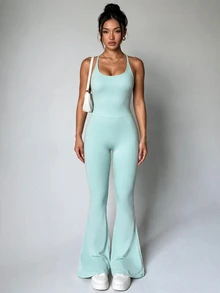Slayform Slayform Jumpsuit Wanita Kasual Serbaguna untuk Olahraga Luar Ruangan dengan Potongan Kaki Mengembang - Mint Green - View 4