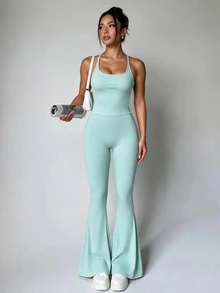Slayform Slayform Jumpsuit Wanita Kasual Serbaguna untuk Olahraga Luar Ruangan dengan Potongan Kaki Mengembang - Mint Green - View 3