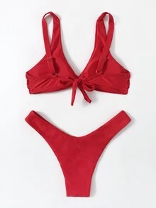 Swim Basics 2pcs Women's Solid Color Twist Sexy Bikini Swimwear Set, Summer Beach - Red - View 2