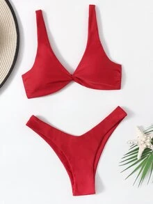 Swim Basics 2pcs Women's Solid Color Twist Sexy Bikini Swimwear Set, Summer Beach - Red - View 5