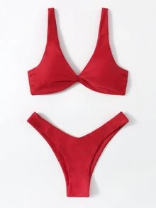 Swim Basics 2pcs Women's Solid Color Twist Sexy Bikini Swimwear Set, Summer Beach - Red - View 6