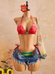 Swim Mod Conjunto de traje de baño de mujer con estampado de sandía y cuello de halter - Rojo - Ver 4