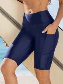 Swim SPRTY Women's Solid Color Side Pocket Beach Swimwear Bottoms For Summer Beach Vacation - Navy Blue - View 6