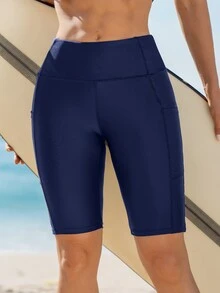 Swim SPRTY Women's Solid Color Side Pocket Beach Swimwear Bottoms For Summer Beach Vacation - Navy Blue - View 5