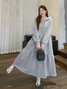 DAZY Gaun Kasual Lengan Panjang Berkerudung Gaya Korea untuk Wanita, Cocok untuk Musim Gugur - Grey - View 1