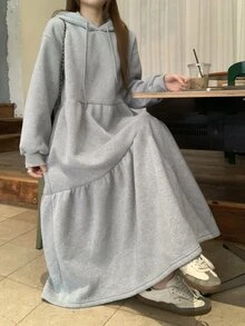 DAZY Gaun Kasual Lengan Panjang Berkerudung Gaya Korea untuk Wanita, Cocok untuk Musim Gugur - Grey - View 7