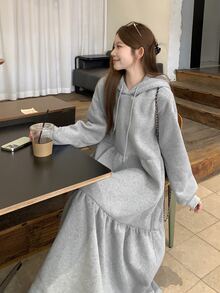 DAZY Gaun Kasual Lengan Panjang Berkerudung Gaya Korea untuk Wanita, Cocok untuk Musim Gugur - Grey - View 6