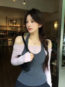 DAZY Solid Halter Neck Tee With Removable Sleeve Top Fall - Baby Pink - View 1