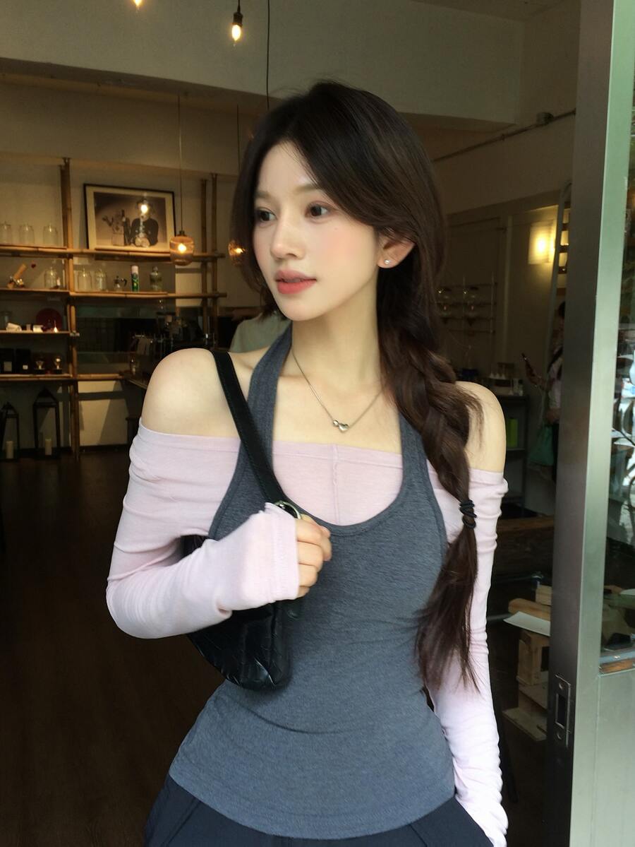DAZY Solid Halter Neck Tee With Removable Sleeve Top Fall - Baby Pink - View 1