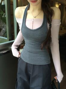 DAZY Solid Halter Neck Tee With Removable Sleeve Top Fall - Baby Pink - View 4