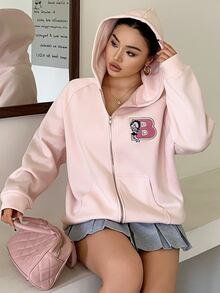 Betty Boop x DAZY Curve Cartoon Pattern Embroidered Plus Size Thermal Lined Thick Hooded Loose Zipper Front Long Sleeve Sweatshirt For Spring Autumn Winter Hoodies - Pink - View 4