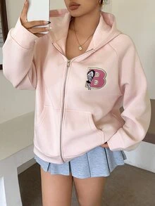 Betty Boop x DAZY Curve Cartoon Pattern Embroidered Plus Size Thermal Lined Thick Hooded Loose Zipper Front Long Sleeve Sweatshirt For Spring Autumn Winter Hoodies - Pink - View 1