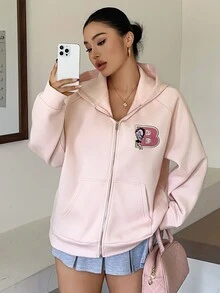 Betty Boop x DAZY Curve Cartoon Pattern Embroidered Plus Size Thermal Lined Thick Hooded Loose Zipper Front Long Sleeve Sweatshirt For Spring Autumn Winter Hoodies - Pink - View 6