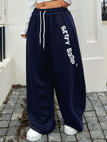 Betty Boop x DAZY Curve Celana Sweatpants Kasual Jalanan Serbaguna dengan Motif Huruf dan Pinggang Elastis untuk Musim Gugur - Navy Blue - View 9