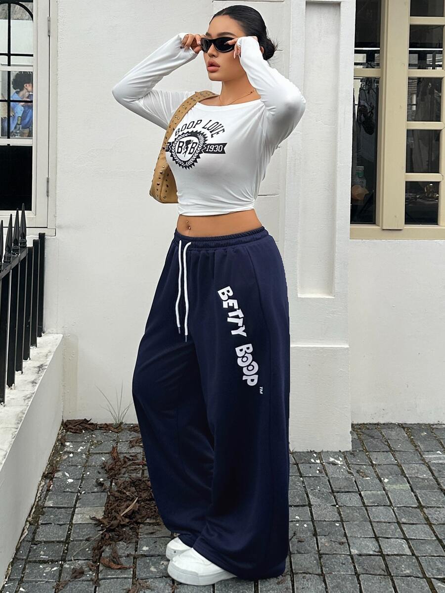 Betty Boop x DAZY Curve Celana Sweatpants Kasual Jalanan Serbaguna dengan Motif Huruf dan Pinggang Elastis untuk Musim Gugur - Navy Blue - View 1
