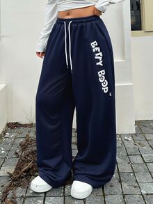Betty Boop x DAZY Curve Celana Sweatpants Kasual Jalanan Serbaguna dengan Motif Huruf dan Pinggang Elastis untuk Musim Gugur - Navy Blue - View 5