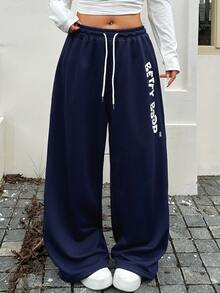 Betty Boop x DAZY Curve Celana Sweatpants Kasual Jalanan Serbaguna dengan Motif Huruf dan Pinggang Elastis untuk Musim Gugur - Navy Blue - View 8