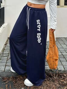 Betty Boop x DAZY Curve Celana Sweatpants Kasual Jalanan Serbaguna dengan Motif Huruf dan Pinggang Elastis untuk Musim Gugur - Navy Blue - View 6