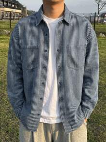 DAZY Spring/Autumn Striped Denim Washed Soft Distressed Men's Denim Jacket - Blue - View 6