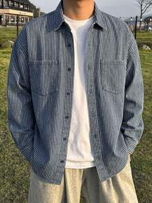 DAZY Spring/Autumn Striped Denim Washed Soft Distressed Men's Denim Jacket - Blue - View 5