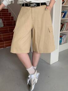 Dazy Plus Plus Size Women's Solid Color Casual Versatile Daily Wear Cargo Shorts - Khaki - View 8