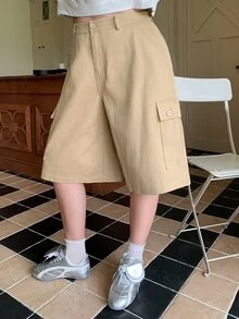 Dazy Plus Plus Size Women's Solid Color Casual Versatile Daily Wear Cargo Shorts - Khaki - View 4