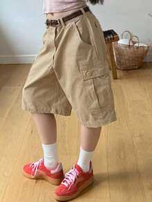 Dazy Plus Plus Size Women's Solid Color Casual Versatile Daily Wear Cargo Shorts - Khaki - View 1