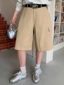 Dazy Plus Plus Size Women's Solid Color Casual Versatile Daily Wear Cargo Shorts - Khaki - View 3