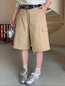 Dazy Plus Plus Size Women's Solid Color Casual Versatile Daily Wear Cargo Shorts - Khaki - View 7