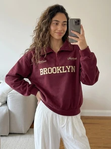 Livesso Women's Letter Print Long Sleeve Half-Zip Casual Sweatshirt Autumn Home Everyday Burgundy White Travel - Burgundy - View 5