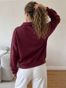 Livesso Women's Letter Print Long Sleeve Half-Zip Casual Sweatshirt Autumn Home Everyday Burgundy White Travel - Burgundy - View 2