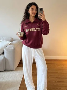 Livesso Women's Letter Print Long Sleeve Half-Zip Casual Sweatshirt Autumn Home Everyday Burgundy White Travel - Burgundy - View 1