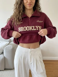 Livesso Women's Letter Print Long Sleeve Half-Zip Casual Sweatshirt Autumn Home Everyday Burgundy White Travel - Burgundy - View 7