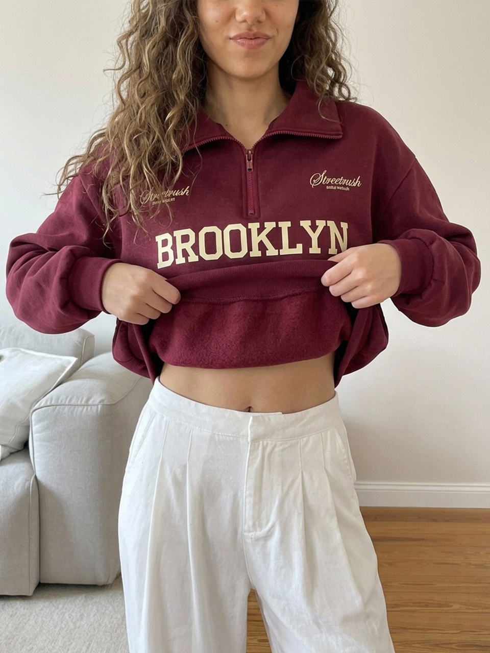 Women's Letter Print Long Sleeve Half-Zip Casual Sweatshirt Autumn Home Everyday Burgundy White