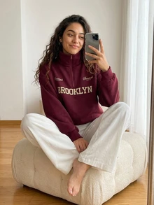 Livesso Women's Letter Print Long Sleeve Half-Zip Casual Sweatshirt Autumn Home Everyday Burgundy White Travel - Burgundy - View 4