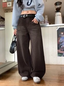DAZY Women's Corduroy Wide Leg Loose Casual Long Pants With Pockets Fall - Coffee Brown - View 8