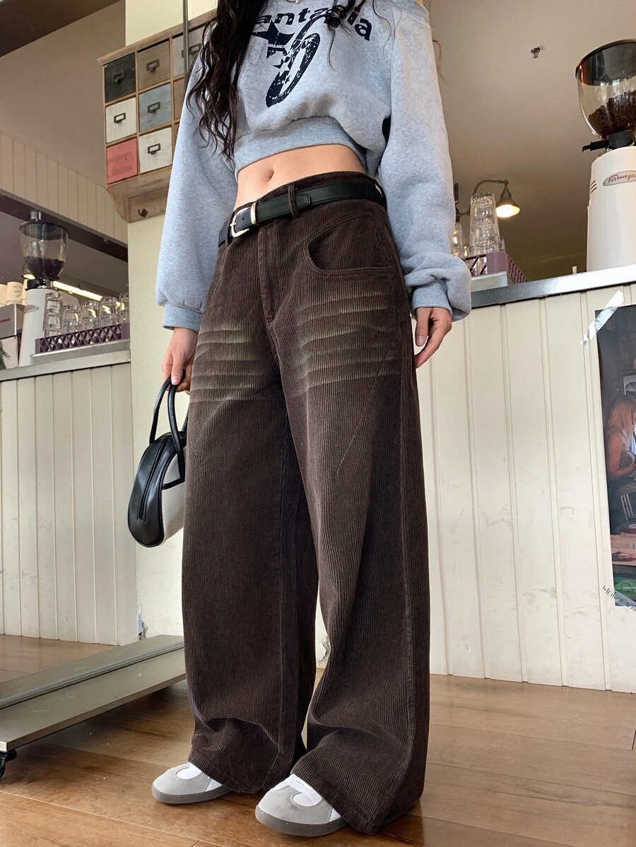 DAZY Women's Corduroy Wide Leg Loose Casual Long Pants With Pockets Fall - Coffee Brown - View 1