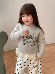 DAZY Áo len bé gái cổ tròn họa tiết hoạt hình tay dài viền bèo mùa thu - Màu be - Xem 4