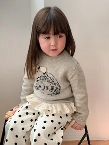 DAZY Áo len bé gái cổ tròn họa tiết hoạt hình tay dài viền bèo mùa thu - Màu be - Xem 7