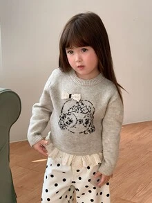 DAZY Áo len bé gái cổ tròn họa tiết hoạt hình tay dài viền bèo mùa thu - Màu be - Xem 1