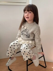 DAZY Áo len bé gái cổ tròn họa tiết hoạt hình tay dài viền bèo mùa thu - Màu be - Xem 6