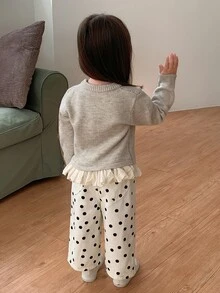 DAZY Áo len bé gái cổ tròn họa tiết hoạt hình tay dài viền bèo mùa thu - Màu be - Xem 2