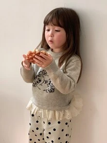 DAZY Áo len bé gái cổ tròn họa tiết hoạt hình tay dài viền bèo mùa thu - Màu be - Xem 5