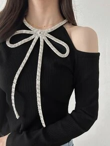 FRIFUL Women's Rhinestone Bow Decor Cold Shoulder Long Sleeve Fashion T-Shirt Party Night Out Date Black And Silver Fall Elegant Romantic Sexy Christmas - Black - View 8