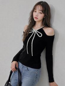 FRIFUL Women's Rhinestone Bow Decor Cold Shoulder Long Sleeve Fashion T-Shirt Party Night Out Date Black And Silver Fall Elegant Romantic Sexy Christmas - Black - View 3