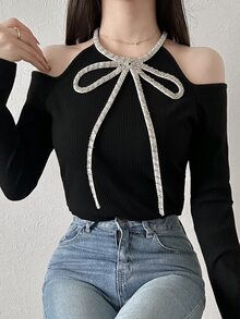 FRIFUL Women's Rhinestone Bow Decor Cold Shoulder Long Sleeve Fashion T-Shirt Party Night Out Date Black And Silver Fall Elegant Romantic Sexy Christmas - Black - View 5