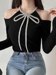 FRIFUL Women's Rhinestone Bow Decor Cold Shoulder Long Sleeve Fashion T-Shirt Party Night Out Date Black And Silver Fall Elegant Romantic Sexy Christmas - Black - View 2