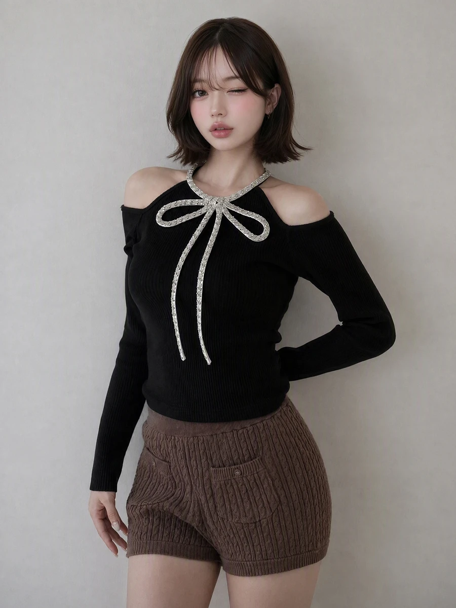 FRIFUL Women's Rhinestone Bow Decor Cold Shoulder Long Sleeve Fashion T-Shirt Party Night Out Date Black And Silver Fall Elegant Romantic Sexy Christmas - Black - View 1
